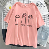Schere-Stein-Papier Lustiges Katze Grafik-T-Shirt Weiches Casual Streetwear T-Shirt für Damen