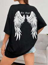 Damen T-Shirt mit dunklem Engelsflügel-Grafik – 100 % Baumwolle, lockere Passform, Hip Hop Streetwear