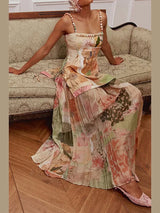 Women’s Printed Ruffle Square Neck Lace-Up Vacation Dress