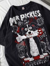 Women’s Oversized Cotton Graphic Tee with Vintage Dog & Cat Illustrations