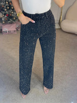 Damen-Jeans mit geradem Bein und Diamantbesatz – High-Waist-Stretch-Mom-Jeans, Vintage-Waschung