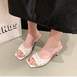 Sommerliche High Heels mit Blumenmuster – Damenmode Quadratische Zehenpartie Pantoffeln