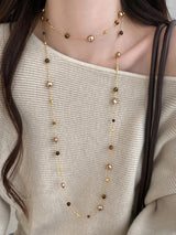Long Tiger Eye Stone & Pearl Beaded Necklace for Women – Elegant Sweater Chain Necklace