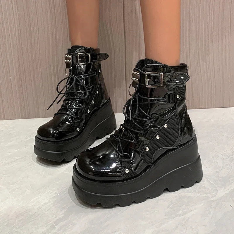 Women’s Gothic Belt Buckle Platform High Wedge Zip Punk Cosplay Ankle Boots