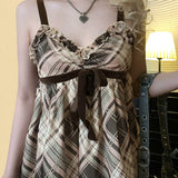 Y2K Bow Contrast Checked Tank Top | Vintage Sleeveless V-Neck Camisole