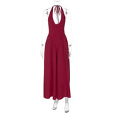 Women’s Sexy Backless Deep V-Neck Maxi Dress – Spliced Halter Sleeveless Dress