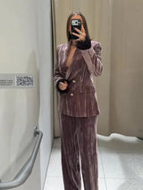 Eleganter Damen Samt-Feder-Patchwork-Anzug – Edler Blazer mit Revers & Hose mit weitem Bein 2-teiliges Set