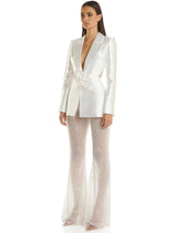 Damen-Blazer mit Cut-Out-Blumenapplikationen und Perlenbesatz – Elegantes Set mit weiter Hose aus Gaze