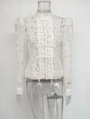 Eleganter bedruckter Spitzen-Hohl-Oberteil – Vintage-Damen-Sommerhemd mit Durchblick