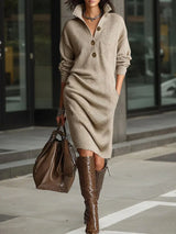 Women’s Elegant Lapel Collar Knit Dress – Long Sleeve Ribbed Solid Midi Dress