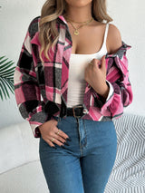 Women’s Plaid Cropped Woolen Jacket – Lantern Long Sleeve Button-Up Coat