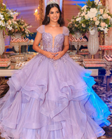 Purple Lace Embroidery Fairy Prom Dress | Glitter Fluffy Ruffle Gown
