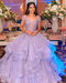 Purple Lace Embroidery Fairy Prom Dress | Glitter Fluffy Ruffle Gown