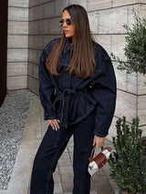 Women’s Fashion Denim Jacket with Waist Belt – Elegant Single Breasted Long Sleeve Jean Coat