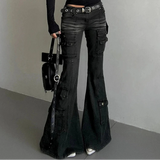 Acubi Fashion Black Flare Jeans for Women | Retro Whiskers Low-Rise Cargo Pants