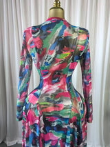 Tie Dye Print Long Sleeve Maxi Dress – Sexy O-Neck Big Swing Party Gown