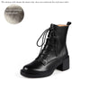 Damen Stiefeletten aus echtem Leder mit dickem Plateau-Absatz – Retro-Schnürstiefel mit runder Kappe