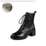 Damen Stiefeletten aus echtem Leder mit dickem Plateau-Absatz – Retro-Schnürstiefel mit runder Kappe