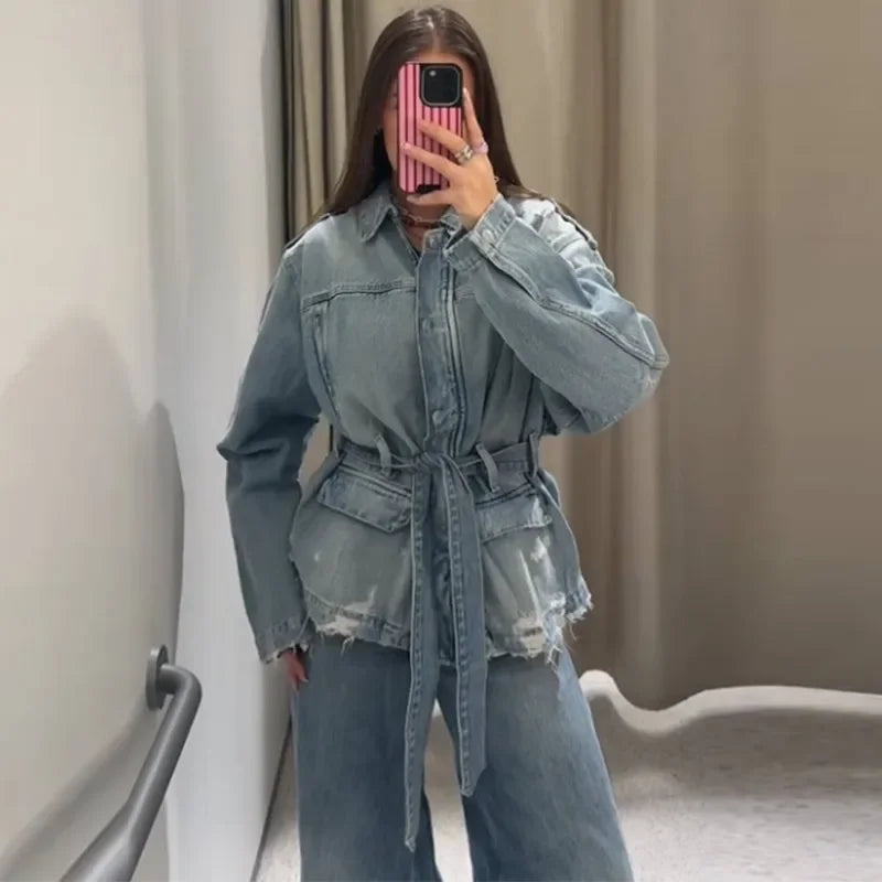 Blue Belted Denim Jacket for Women | Lace-Up Full Sleeve Lapel Coat