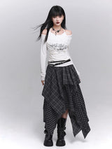 Acubi Fashion Plaid Asymmetrical Skirt | Women’s Alt Goth Elastic Waist Maxi