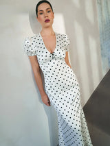 Women’s Sexy White Polka Dot Maxi Dress – Deep V-Neck Short Sleeve Lace Up Dress