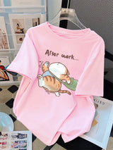 Damen-T-Shirt „Always Tired“ mit minimalistischem Schlafkatzen-Print aus 100 % Baumwolle und lockerem Schnitt