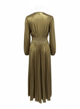 Damen goldenes, langärmeliges, plissiertes V-Ausschnitt-Kleid – Elegantes Kleid für Hochzeit, Abschlussball und festliche Anlässe