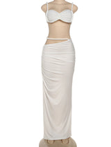 Sexy 2 Piece Vacation Outfits for Women – Pleated Crop Cami Top & Shirring High Waist Maxi Skirt Set