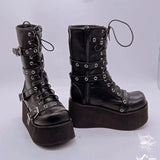 Women’s Punk Wedge Lace-Up Gothic Cross-Tied Platform Mid-Boots