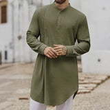 Men’s Cotton Linen Muslim Shirt – Long Sleeve Stand Collar Robe