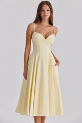 Women's Elegant Yellow Sweetheart Midi Dress