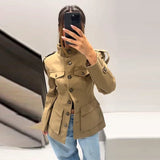 Damen Khaki Eleganter Trenchcoat mit Stehkragen – Y2K Langarmjacke mit betonter Taille