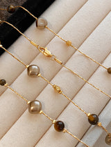 Long Tiger Eye Stone & Pearl Beaded Necklace for Women – Elegant Sweater Chain Necklace