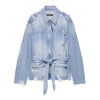 Gürtel-Jeansjacke für Damen | Schnür-Mantel mit Revers und langen Ärmeln