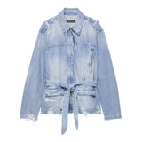 Gürtel-Jeansjacke für Damen | Schnür-Mantel mit Revers und langen Ärmeln