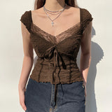 Damen Braunes Spitzen-Croptop Y2K Schleifen-Quadratkragen Sommer Kurzarm-Top