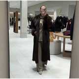 Women’s Brown Faux Fur Patchwork Long Jacket – Elegant Belted Lace-Up Overcoat