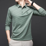 Men's Long Sleeve Polo Shirt with Badge – Business Casual Solid Color Top