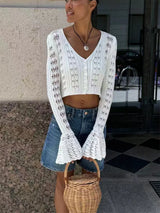 Strickwaren Damen V-Ausschnitt Langarm 透かし Netz Crop Top