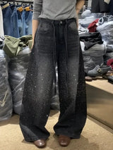 Damen Glitzer-Strass-Jeans | Weites Bein, Bodenlang, Loose Fit