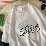 Niedliche Katzen mit Fisch Baumwoll-T-Shirt | Lustiges Cartoon-Grafik-T-Shirt für Damen