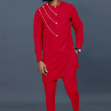Afrikanisches Einreihiges Hemd mit Kettendetail und Hose Herren 2-teiliges Bazin Riche Set
