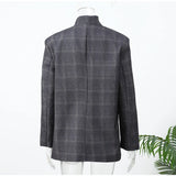 Women’s Plaid Print Blazer Jacket – Fashion Stand Collar Full Sleeve Split Coat
