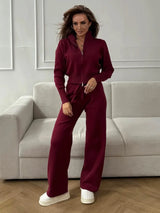 Damen 2-teiliges geripptes Strick-Loungewear-Set – Trendiger Cardigan in schmaler Passform und Hose mit weitem Bein