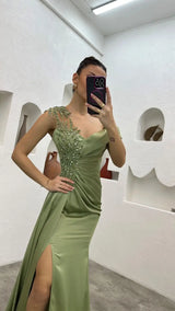 Perlenbesetztes Satinkorsett Meerjungfrauen-Abendkleid | Elegantes Ballkleid aus Spitze