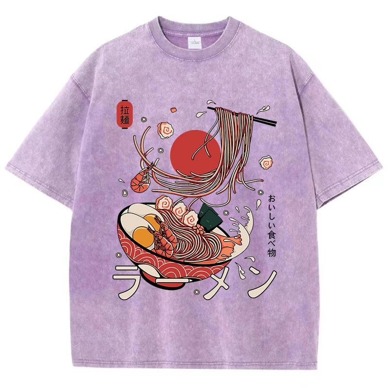 Ramen Nudeln gewaschenes Baumwoll-T-Shirt | Harajuku Grafik-T-Shirt für Damen
