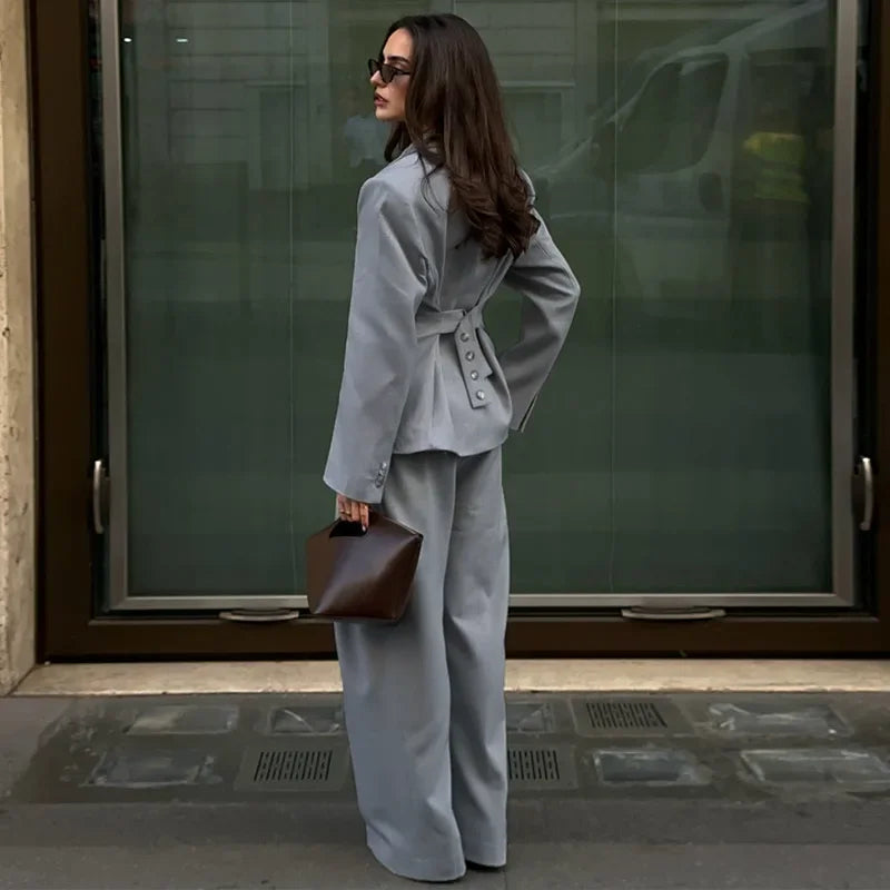 V-Ausschnitt Blazer & Hose mit weitem Bein Set | Damen Einreihige Jacke mit Taschen & Hose