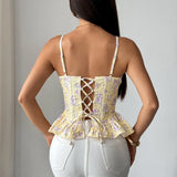 Damen Blumen-Korsett-Crop-Top | Sexy Neckholder-Tanktop zum Schnüren
