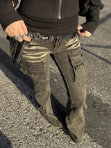 Schwarze Low-Waist Cargo Jeans für Damen | 2000er Distressed Whiskers Bootcut Hose