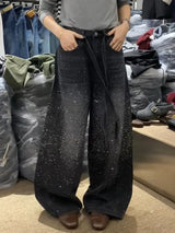 Damen Glitzer-Strass-Jeans | Weites Bein, Bodenlang, Loose Fit